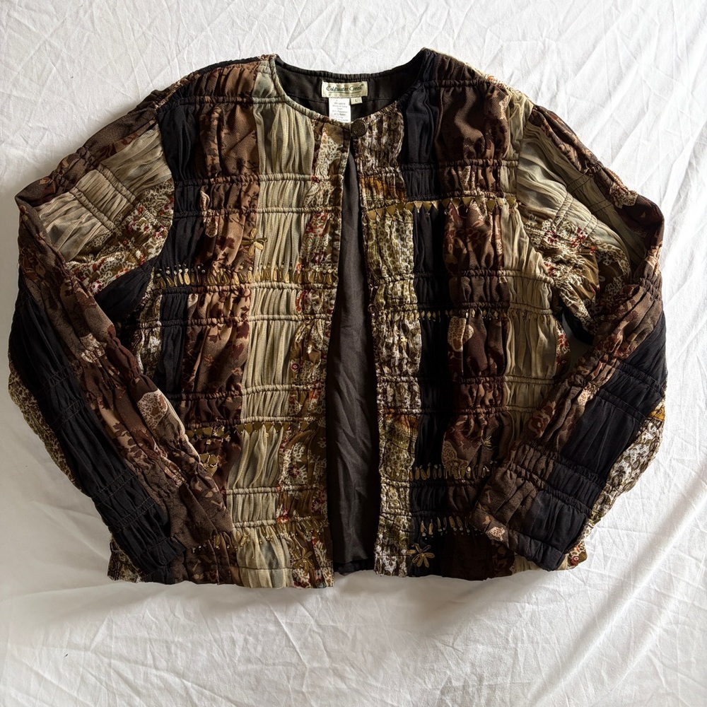 Y2K Boho Shirred Patchwork Jacket‎ Gold Embellishments